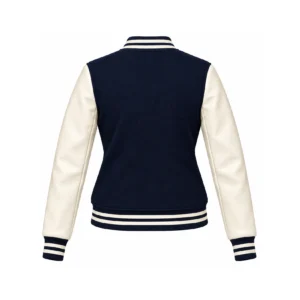 Back view of Women's Navy Wool/Natural Leather Varsity Jacket