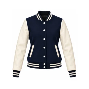 Front view of Women's Navy Wool/Natural Leather Varsity Jacket