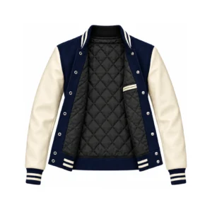 Open Women's Navy Wool/Natural Leather Varsity Jacket showing black quilted lining, one left interior pocket with double leather welt trim and steel snap backs
