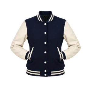 Women's Navy Wool/Natural Leather Varsity Jacket with both sleeves tucked into the outer pockets and two waistband snaps