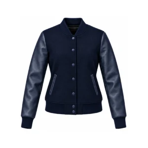 Front view of Women's Navy Wool/Navy Leather Varsity Jacket – Solid Navy Trim