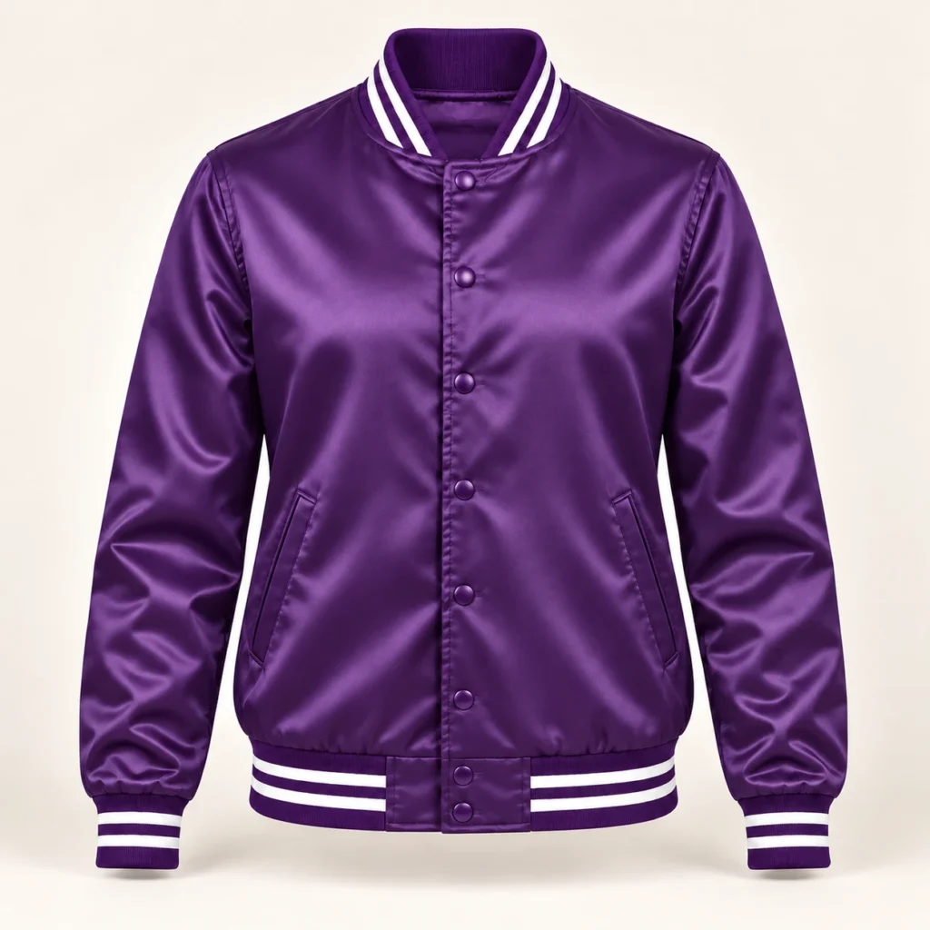 Purple satin varsity jacket with white striped trim, front view