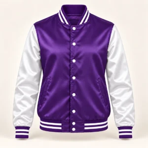 Women’s Purple & White Satin Varsity Jacket — front view