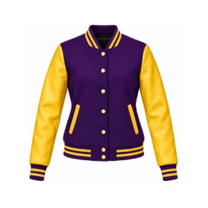 Front view of Women's Purple Wool/Gold Leather Varsity Jacket