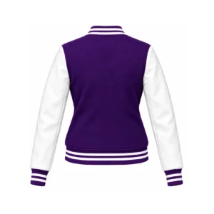 Back view of women's purple wool/white leather varsity jacket