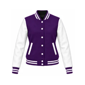 Front view of women's purple wool/white leather varsity jacket