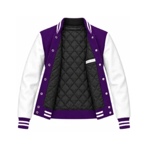 Open women's purple wool/white leather varsity jacket showing black quilted lining, one left interior pocket with double leather welt trim and steel snap backs