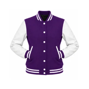 Women's Purple Wool/White Leather Varsity Jacket with both sleeves tucked into the outer pockets and two waistband snaps
