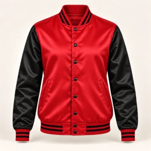 Women’s Red & Black Satin Varsity Jacket — front view