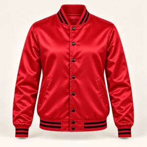 Women’s Red Satin Varsity Jacket – Black Stripe Trim — front view
