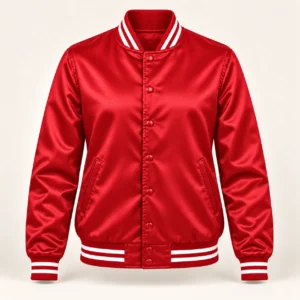 Women’s Red Satin Varsity Jacket – White Stripe Trim — front view
