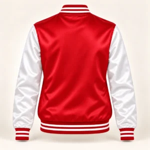Women’s Red & White Satin Varsity Jacket — back view
