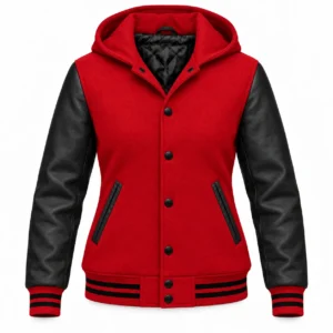 Women's Red Wool / Black Leather Hooded Varsity Jacket — front view