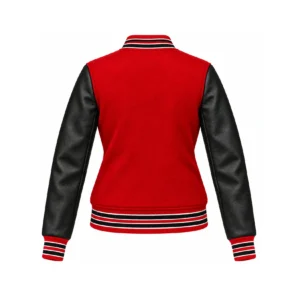 Back view of Women's Red Wool/Black Leather Varsity Jacket
