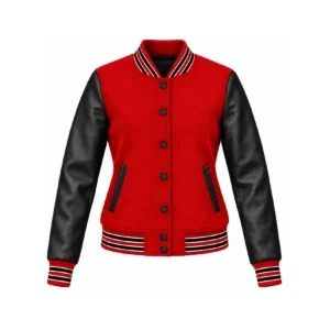 Front view of Women's Red Wool/Black Leather Varsity Jacket