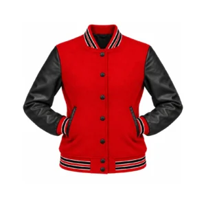 Women's Red Wool/Black Leather Varsity Jacket with both sleeves tucked into the outer pockets and two waistband snaps