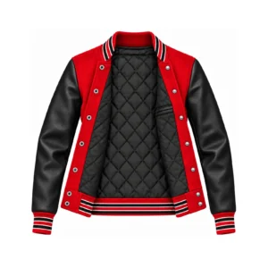 Open Women's Red Wool/Black Leather Varsity Jacket showing matching striped collar, cuffs and waistband, black quilted lining, one left interior pocket and steel snap backs