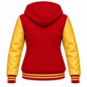 Women's Red Wool / Gold Leather Hooded Varsity Jacket — back view