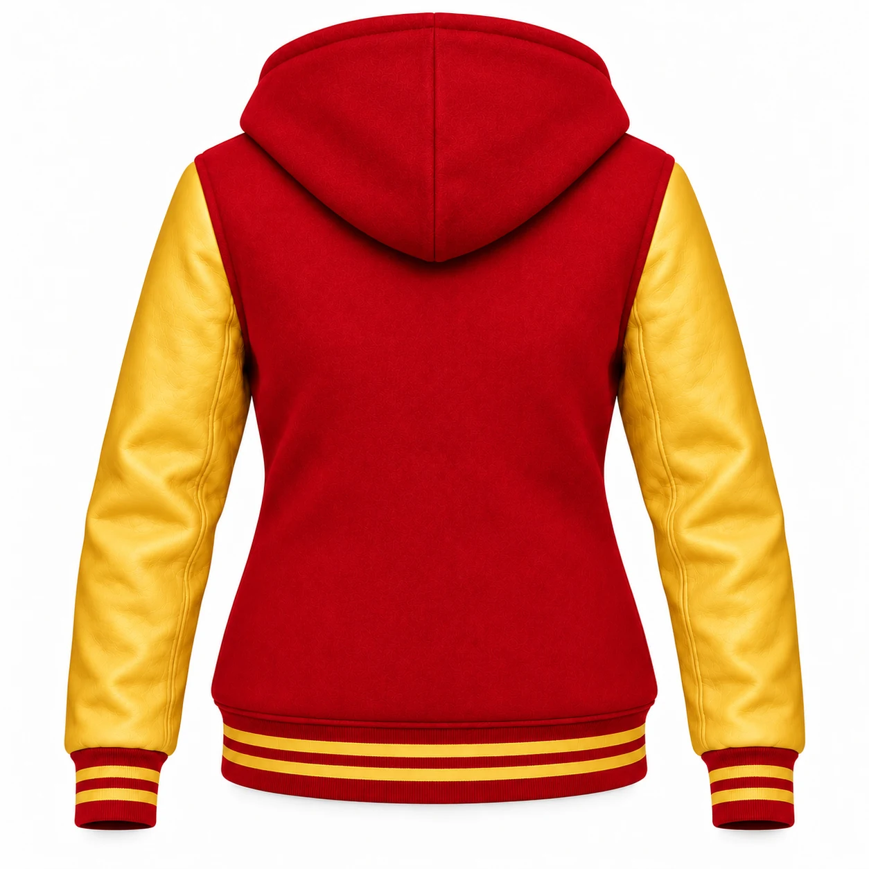 Women's Red Wool / Gold Leather Hooded Varsity Jacket — back view
