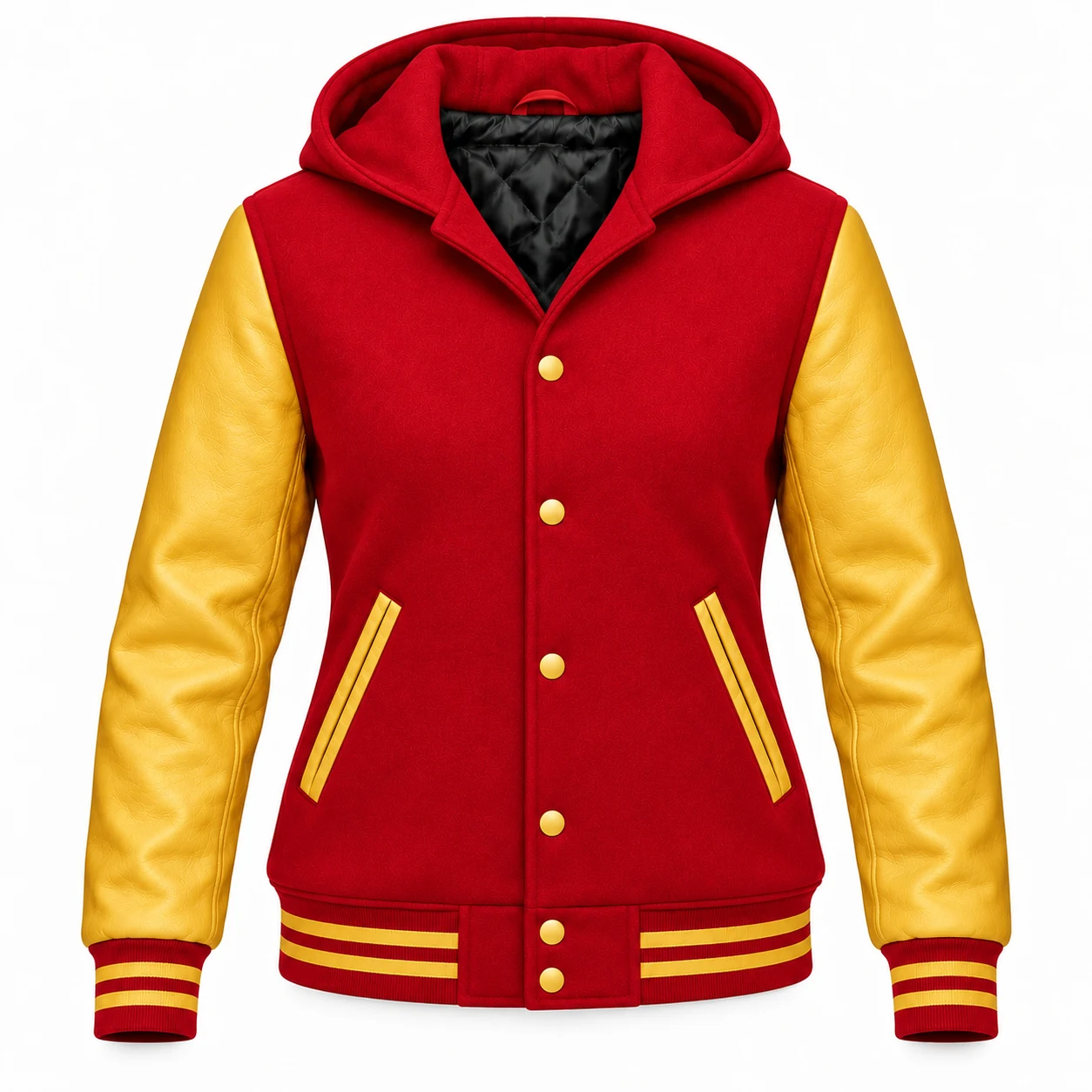 Women's Red Wool / Gold Leather Hooded Varsity Jacket — front view