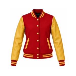 Front view of Women's Red Wool/Gold Leather Varsity Jacket
