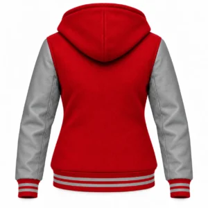Women's Red Wool / Grey Leather Hooded Varsity Jacket — back view
