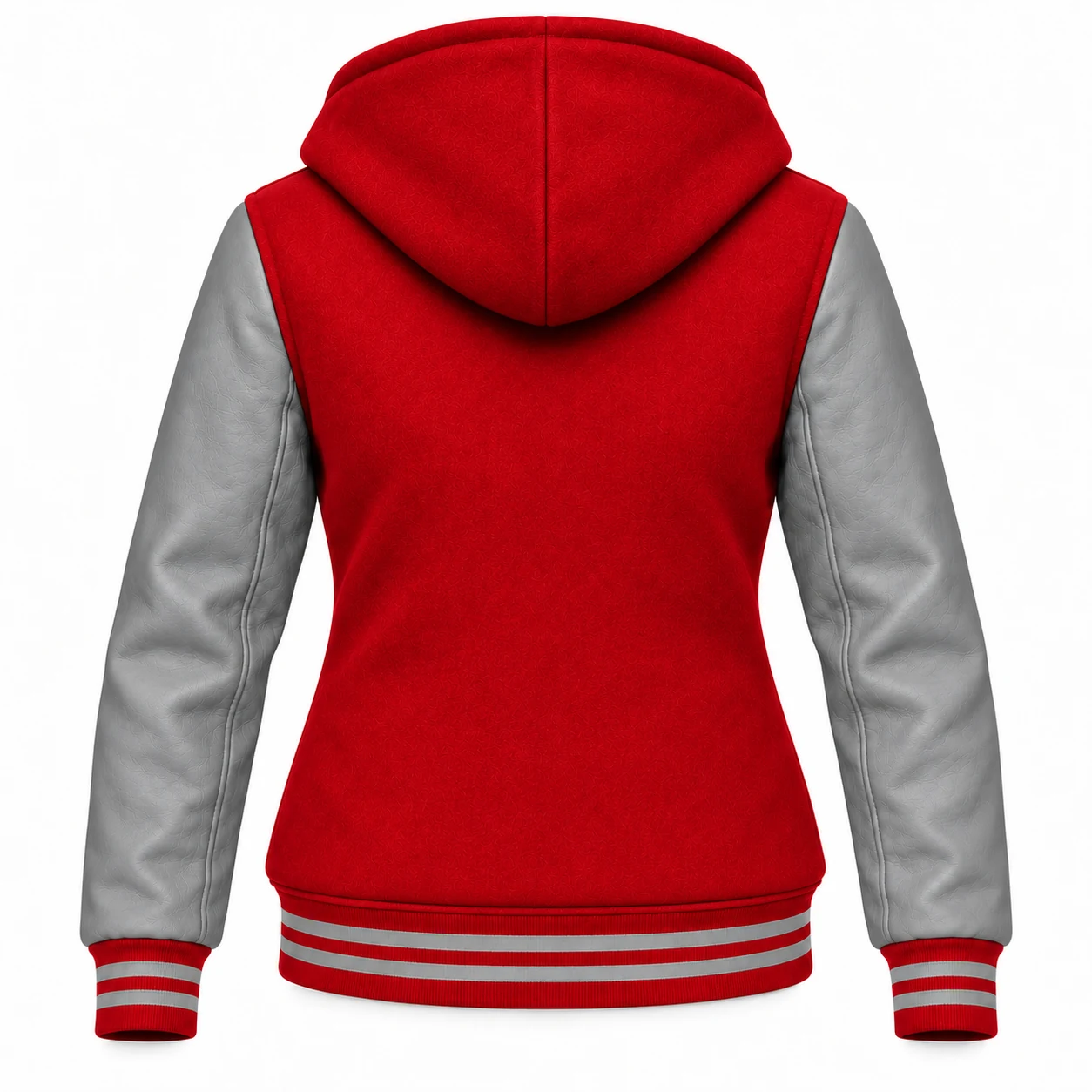 Women's Red Wool / Grey Leather Hooded Varsity Jacket — back view