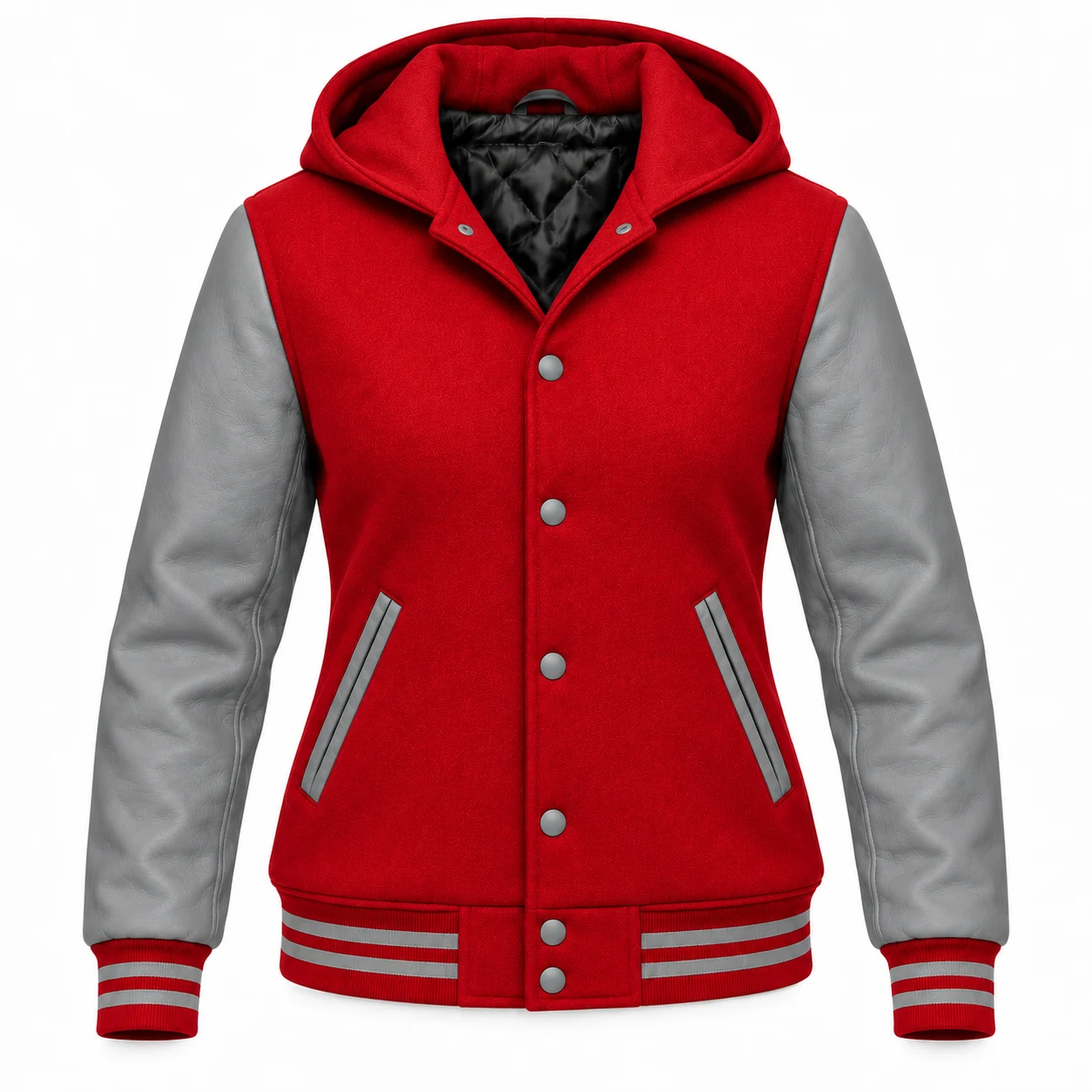 Women's Red Wool / Grey Leather Hooded Varsity Jacket — front view