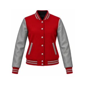 Front view of Women's Red Wool/Grey Leather Varsity Jacket