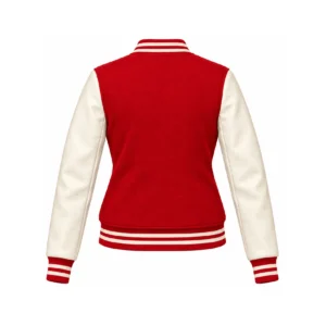 Back view of Women's Red Wool/Natural Leather Varsity Jacket