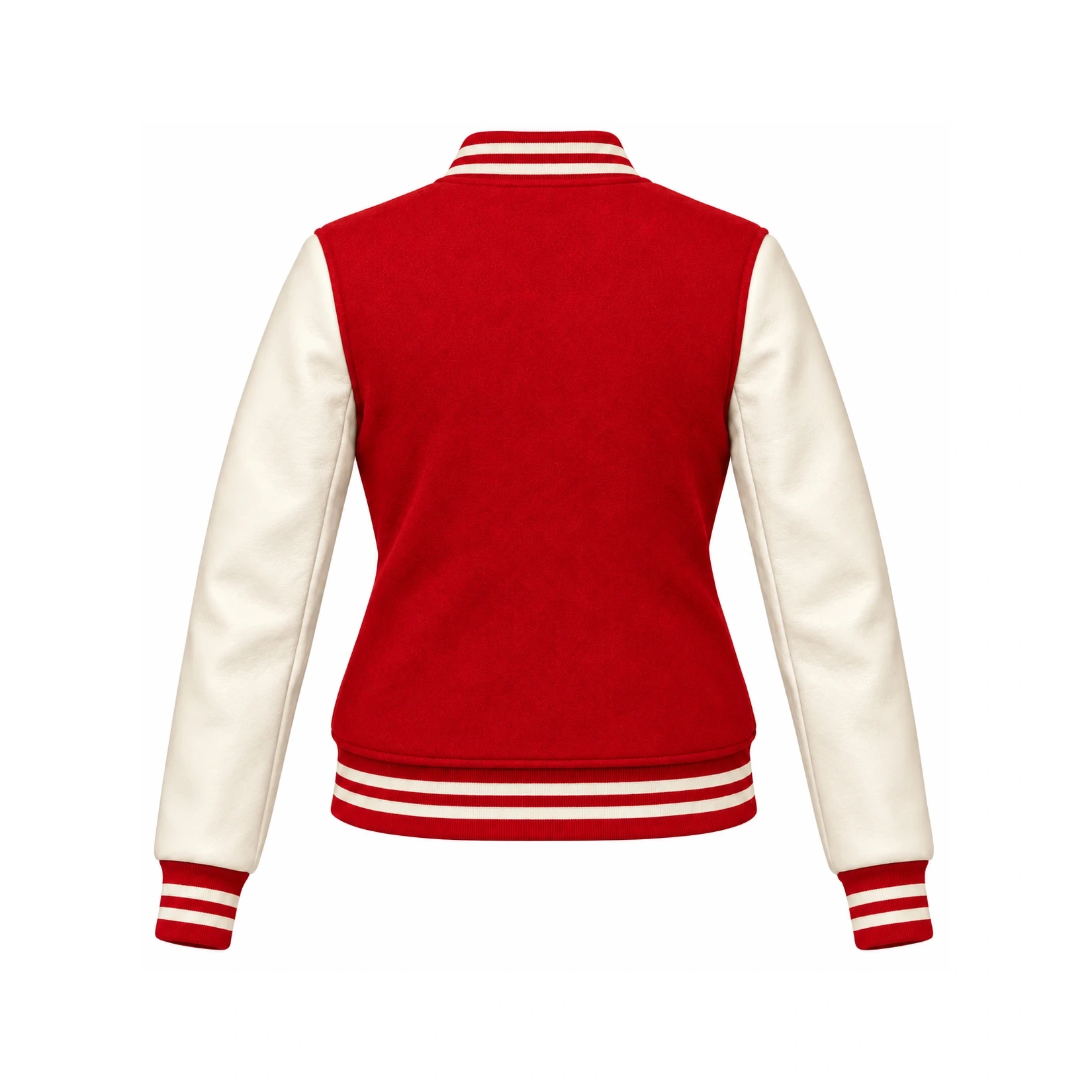 Back view of Women's Red Wool/Natural Leather Varsity Jacket