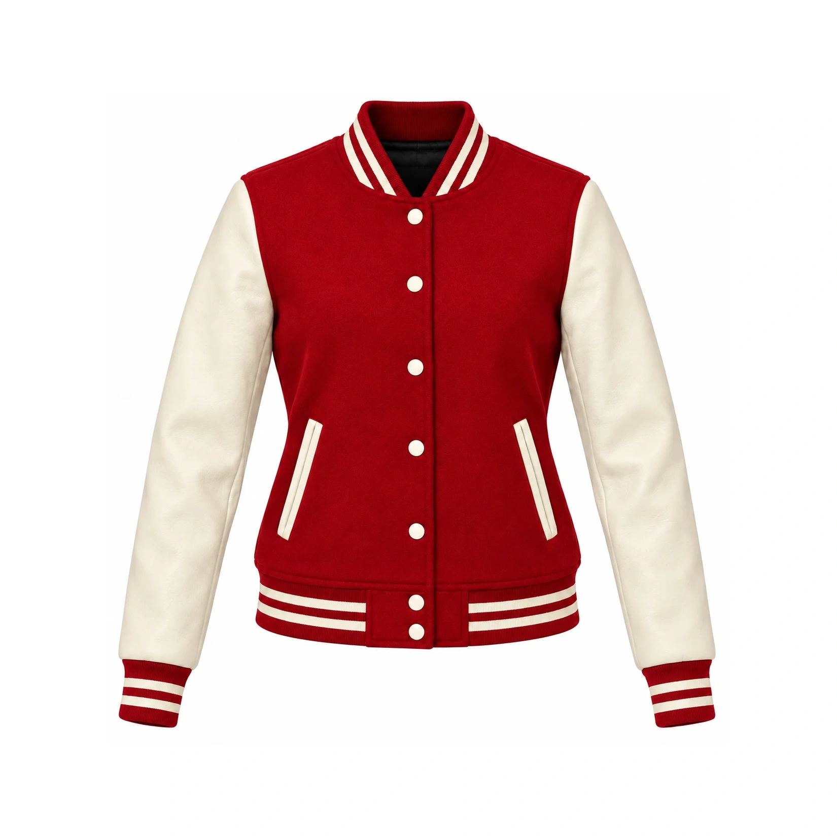 Front view of Women's Red Wool/Natural Leather Varsity Jacket