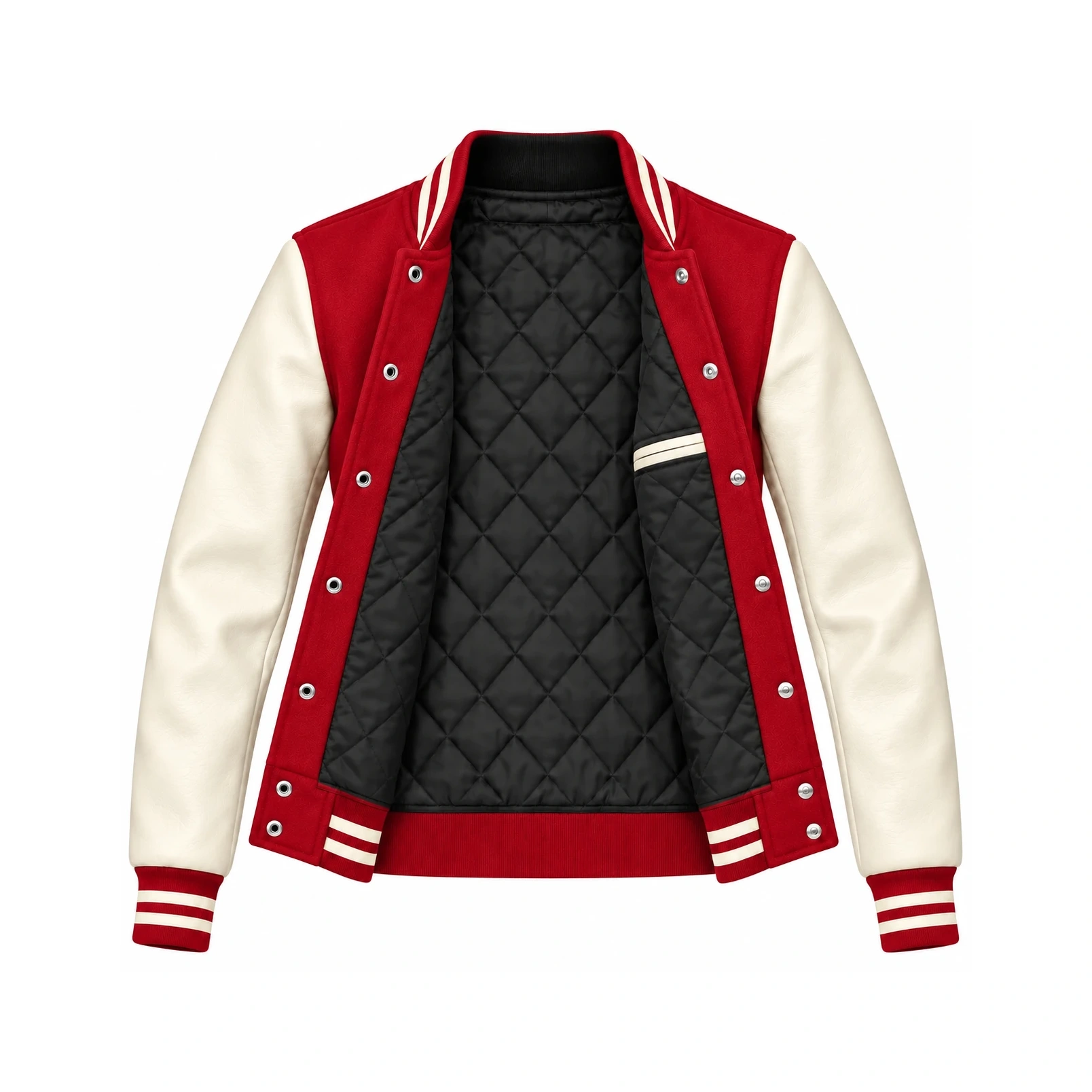 Open Women's Red Wool/Natural Leather Varsity Jacket showing black quilted lining, one left interior pocket with double leather welt trim and steel snap backs