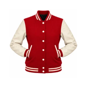 Women's Red Wool/Natural Leather Varsity Jacket with both sleeves tucked into the outer pockets and two waistband snaps
