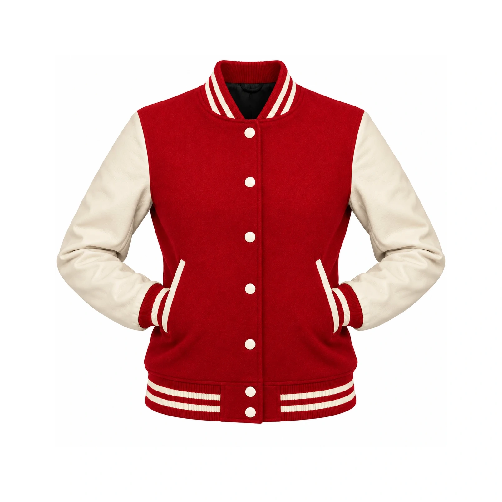 Women's Red Wool/Natural Leather Varsity Jacket with both sleeves tucked into the outer pockets and two waistband snaps