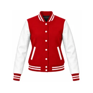 Front view of women's red wool/white leather varsity jacket