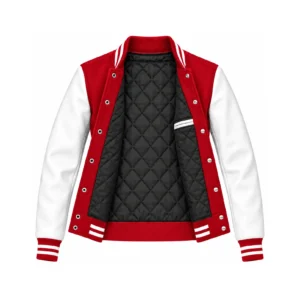 Open women's red wool/white leather varsity jacket showing black quilted lining, one left interior pocket with double leather welt trim and steel snap backs