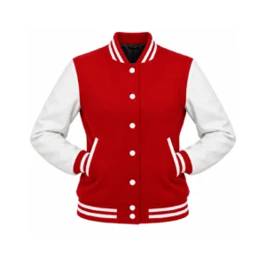 Women's Red Wool/White Leather Varsity Jacket with both sleeves tucked into the outer pockets and two waistband snaps