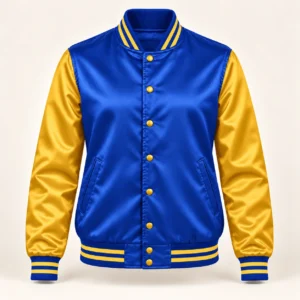 Women’s Royal Blue & Gold Satin Varsity Jacket — front view