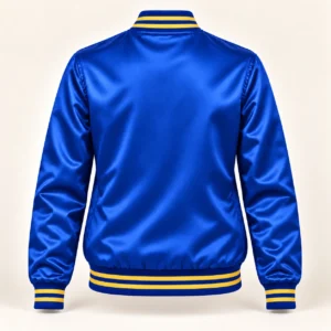 Women’s Royal Blue Satin Varsity Jacket – Gold Stripe Trim — back view
