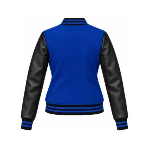 Back view of Women's Royal Blue Wool/Black Leather Varsity Jacket