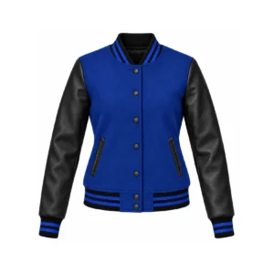 Front view of Women's Royal Blue Wool/Black Leather Varsity Jacket