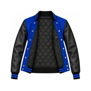 Open Women's Royal Blue Wool/Black Leather Varsity Jacket showing black quilted lining, one left interior pocket with double leather welt trim and steel snap backs