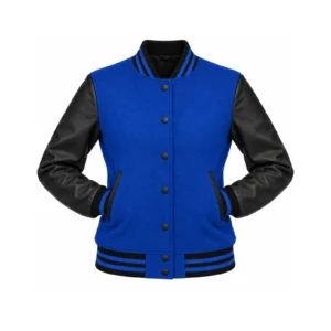 Women's Royal Blue Wool/Black Leather Varsity Jacket with both sleeves tucked into the outer pockets and two waistband snaps