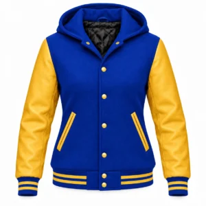 Women's Royal Blue Wool / Gold Leather Hooded Varsity Jacket — front view