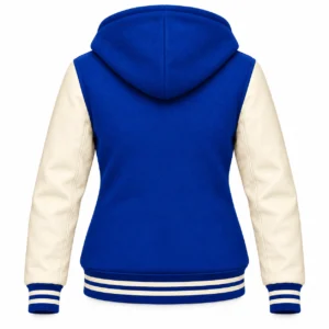 Women's Royal Blue Wool / Natural Cream Leather Hooded Varsity Jacket — back view