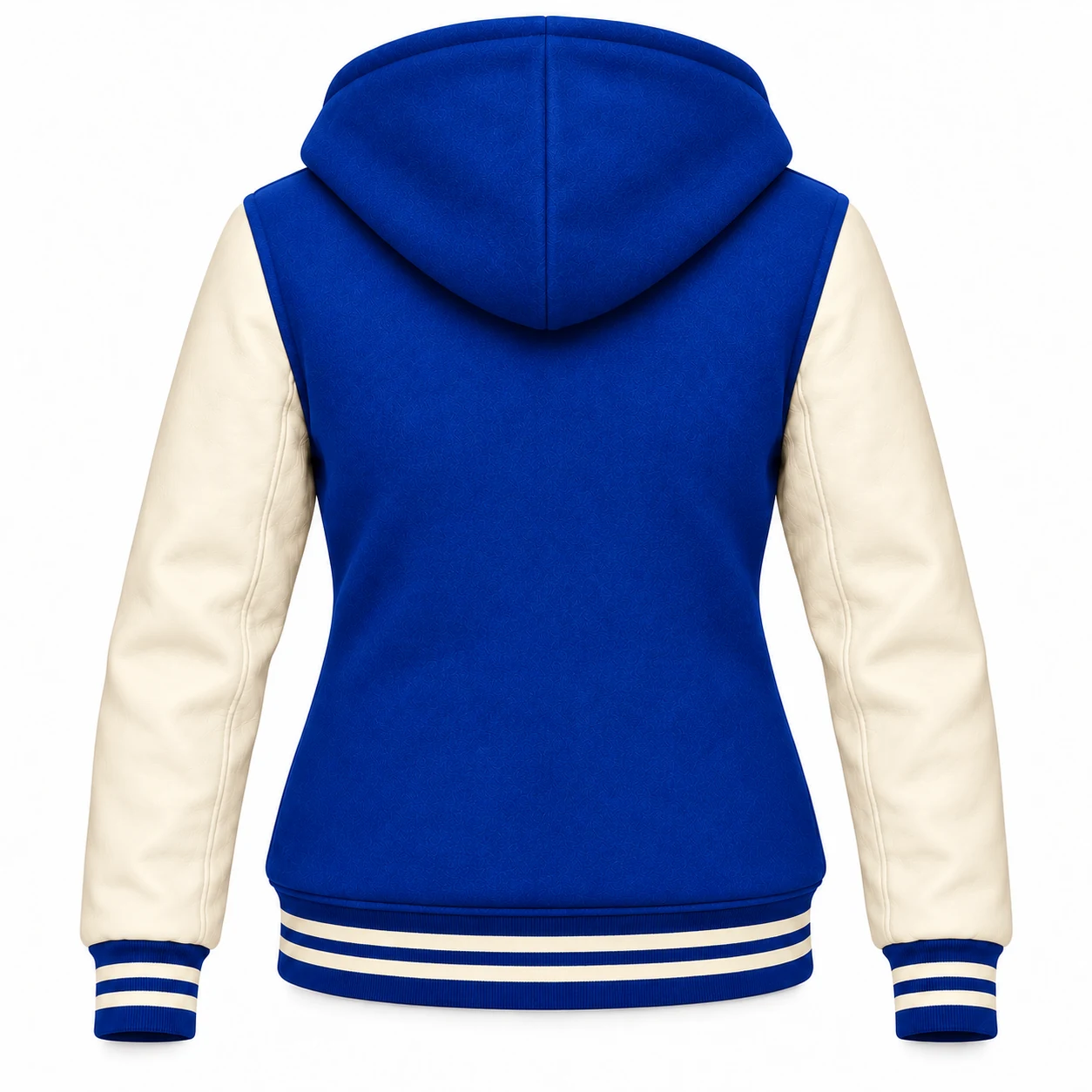Women's Royal Blue Wool / Natural Cream Leather Hooded Varsity Jacket — back view
