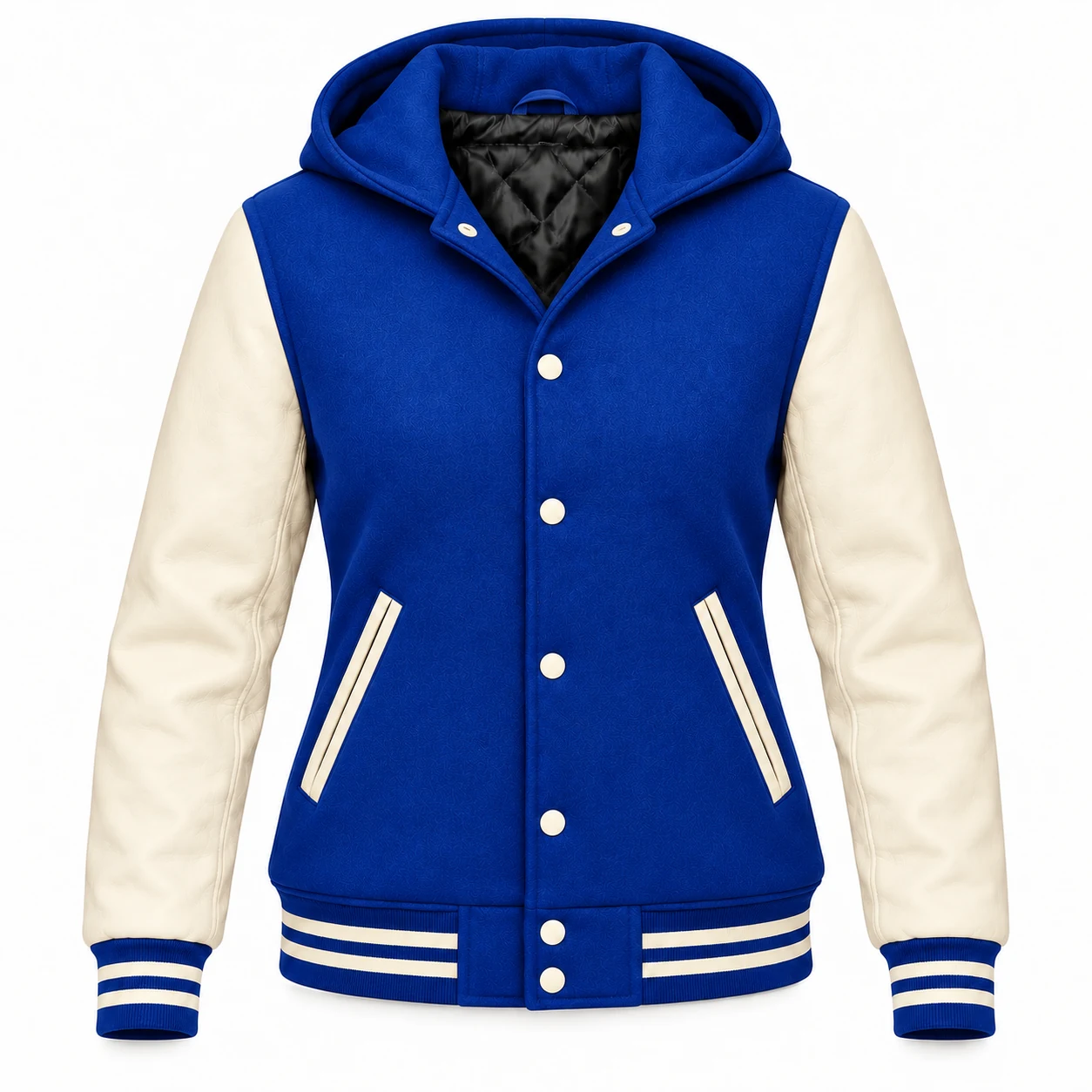 Women's Royal Blue Wool / Natural Cream Leather Hooded Varsity Jacket — front view