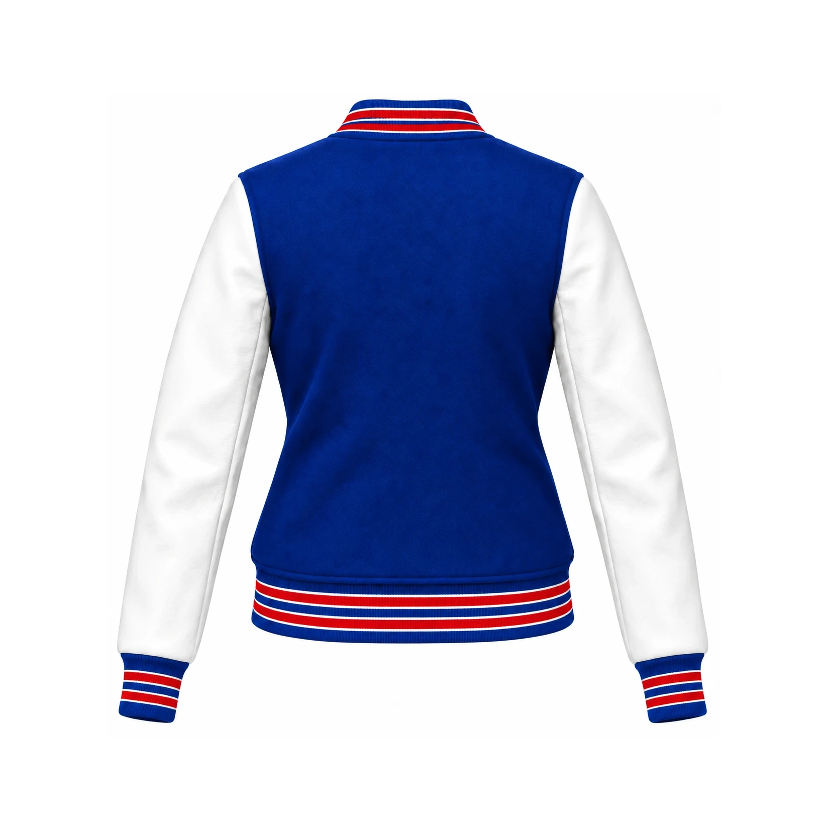 Back view of Women's Royal Blue Wool/White Leather Varsity Jacket – Red & White Trim