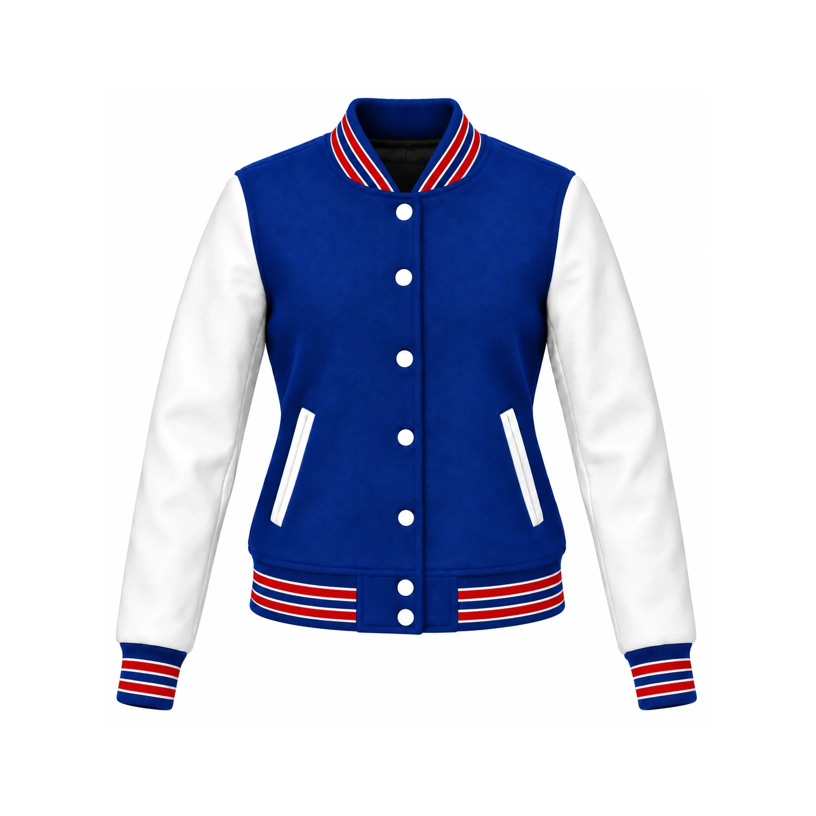 Front view of Women's Royal Blue Wool/White Leather Varsity Jacket – Red & White Trim